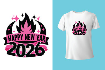 Happy New Year 2026 text printed on plain black t shirt in multiple angles, festive and celebratory design for holiday season