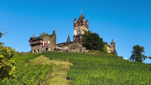 Wine region of the Mosel Valley. Wine tourism Cochem, Rhineland-Palatinate, Germany August 2, 2025. High quality 4k footage