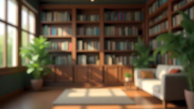Blurred view of a modern home library with dark wooden bookshelves filled with books and green plants.