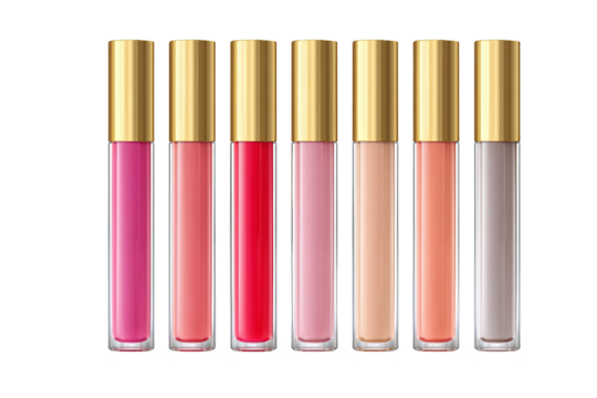 Colorful Lip Gloss Tubes with Golden Caps, Isolated on White Transparent Background