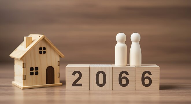 Wooden house and figures on blocks showing year 2066 home building