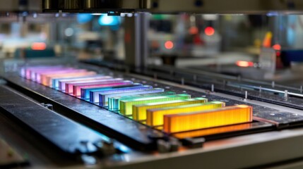 A detailed shot of the finished PV tiles being inspected displaying the vibrant perovskite hues and uniformity as experts ensure quality control before shipment set against a backdrop