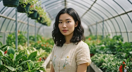 Young Woman Standing in Greenhouse with Lush Plants