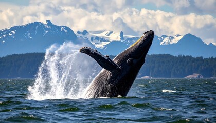 Naklejka premium Majestic humpback whale breaches gracefully, showcasing its powerful form against a backdrop of snow-capped mountains and lush coastal forests.