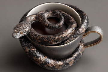 Obraz premium Coiled snake wrapped around a dark ceramic mug, its textured scales catching light in a dramatic closeup. This still life emphasizes contrast, form, and natural elegance.
