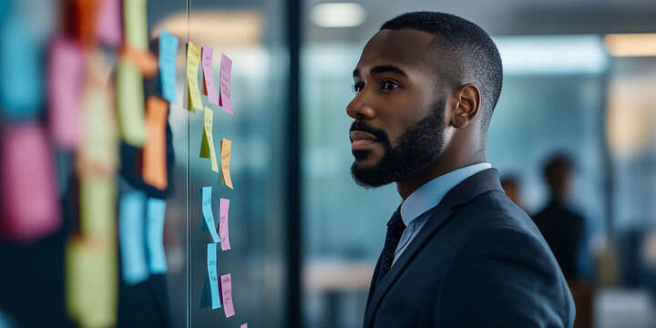 African American businessman looking at a brainstorming board with various sticky notes