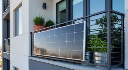 Close-up glossy solar panel mounted on balcony railing with plants, apartment building, Las Vegas, USA