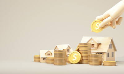 Stacks of gold coins beside a house model with a hand adding more, representing real estate wealth, finance growth, and investment. 3d rendering.