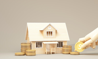 A house model surrounded by gold coins with a hand holding a coin, illustrating property value, savings, and financial planning. 3d rendering.