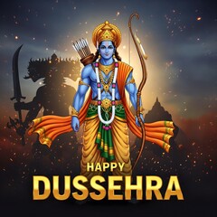 Happy Dussehra festival illustration of Lord Rama with bow and arrow, victory over Ravana, Hindu celebration of good over evil