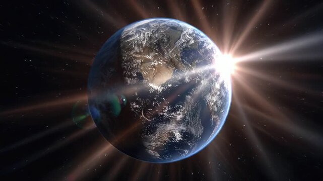 A breathtaking view of Earth from space, showcasing its blue oceans and green landscapes with a radiant sun illuminating the atmosphere, symbolizing beauty and wonder in the univer