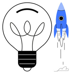 Light bulb and soaring rocket combining creativity and technological innovation. Ideal for startup growth, innovation, entrepreneurship, technology, creative ideas, progress, science concepts. A