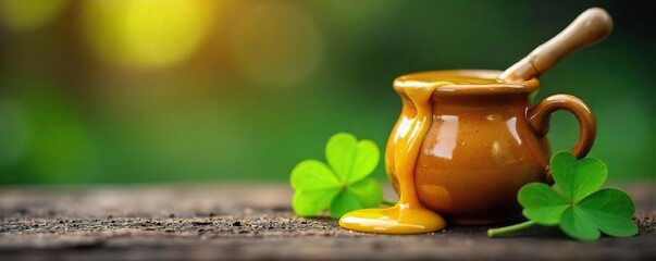 A whimsical image of a dripping honey pot next to a four-leaf clover, signifying good fortune and sweetness ,  golden syrup,  good luck charm,  pot