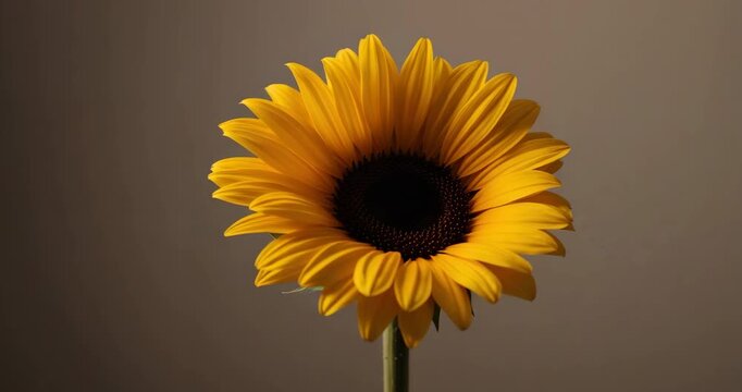 Rotating sunflower bloom since first frame on stand in studio, displaying shifting petals