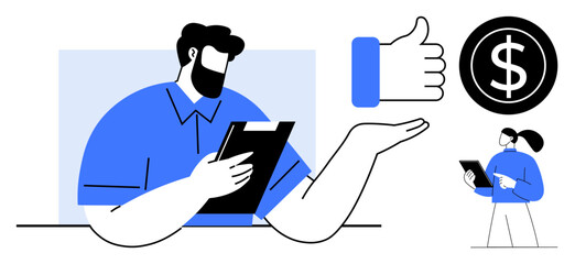 Person holding clipboard with finance-related discussion. Included thumbs-up gesture, dollar sign. Ideal for finance management, collaboration, approval, success, investment, communication simple