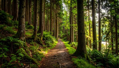 Fototapeta premium A sunlit path through a dense forest