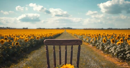 Tilting camera upward in rural sunflower field, revealing vintage wooden chair holding bouquet - Powered by Adobe