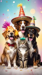 Dogs and cat wearing party hats