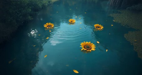 Ripples forming after disturbance, four sunflowers bobbing, drifting left on teal pond with petals - Powered by Adobe