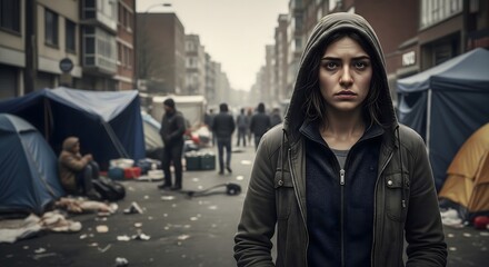 Homeless woman in hoodie standing on street with tents and poverty around, urban crisis, social issues, and struggle for survival