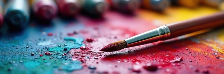 Fototapeta premium Close-up of a paintbrush resting on a palette, surrounded by vibrant tubes of oil paint Ready for the next stroke of artistic genius Beautiful texture and color , craft, colors, brushstrokes