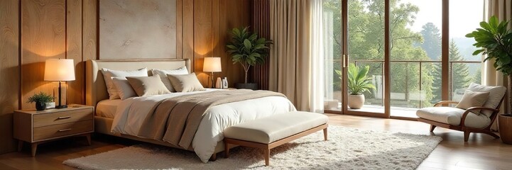 Luxurious master bedroom featuring a large, plush area rug that anchors the space and adds warmth Perfect for design inspiration and home decor blogs , comfortable, bohemian, jute rug