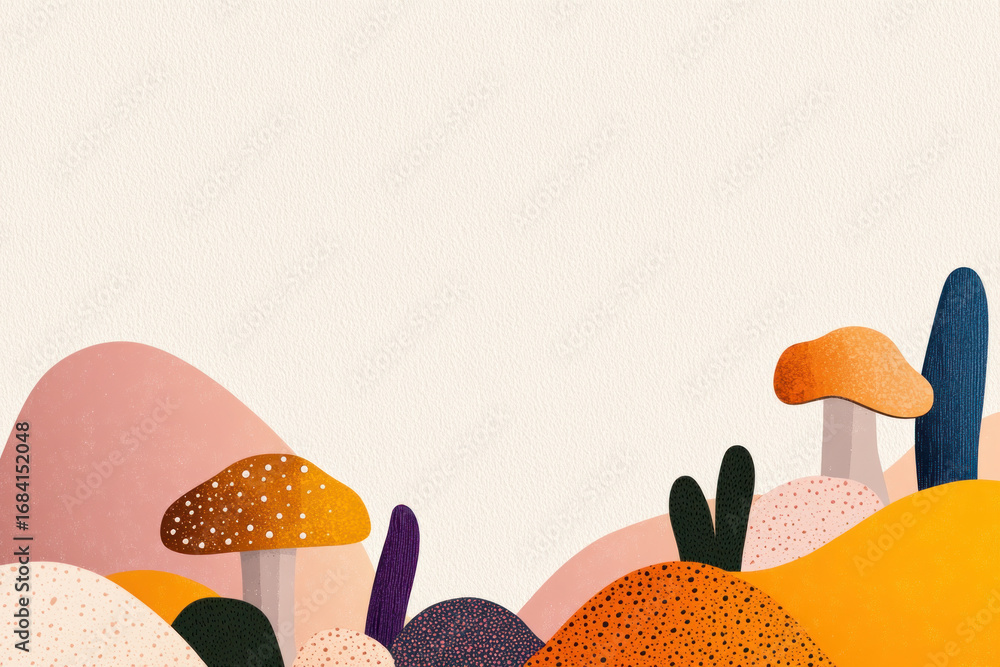 Poster abstract landscape featuring colorful mushroom shapes and soft rounded hills, creating a whimsical s