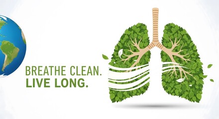 Eco lungs made of green leaves with earth globe, breathe clean air and live long message promoting environment, health, and sustainability