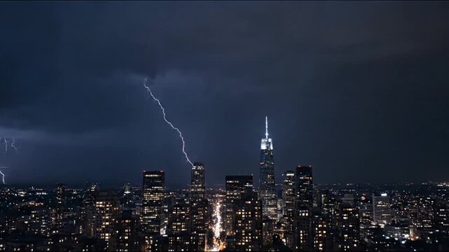 Aerial view of city skyline at night with lightning strike in the sky and illuminated buildings