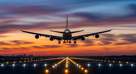 Airplane Landing Sunset: A majestic aircraft gracefully descends, silhouetted against a breathtaking sunset, as it approaches a runway, signifying a journey's end and the promise of new beginnings. 