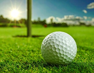 Obraz premium A golf ball rests on the green grass of a golf course, with the flag and sun visible in the background.