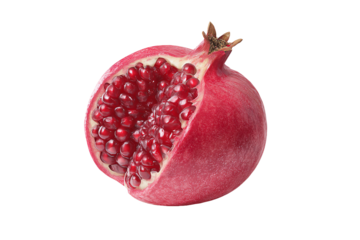 Juicy Red Pomegranate, half cut, isolated on white transparent background