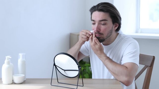 Young man with acne problem applying cream onto his face near mirror at table indoors