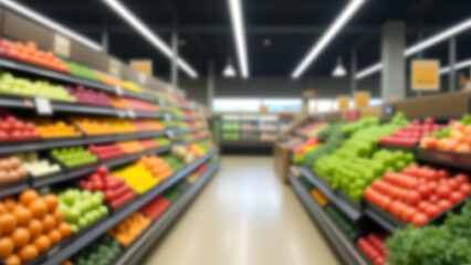 Blurred view of a modern supermarket aisle with fresh vegetables, fruits and groceries on shelves. Aisle.