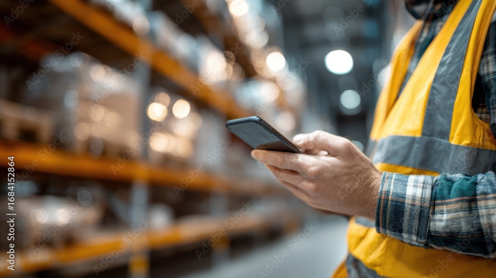 Poster closeup of an employee using a mobile app to update stock levels warehouse environment fading into a