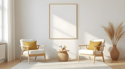 Modern Minimalist Living Room Interior Design: Mockup with Blank Frame, Wooden Chairs, and Pampas Grass