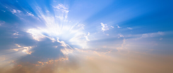 Beautiful Magic blur bokeh nature morning sunshine on summer sky background, bright sun and soft, Abstract dawn composition, christian religion, love holy spirit faith, for background