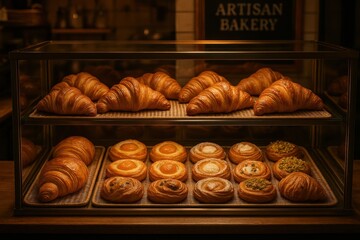 Artisan bakery showcase with freshly baked croissants and pastries in elegant glass display