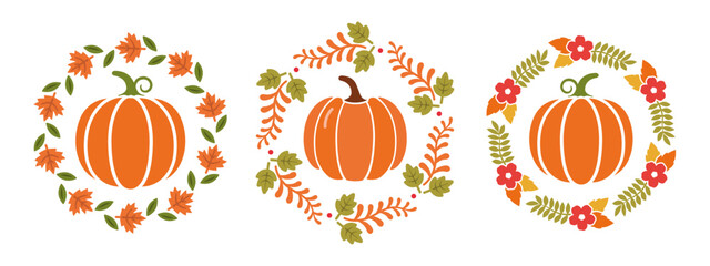 Set of pumpkins with round autumn frames in flat style. Circle shape vector Thanksgiving design. Fall decorative elements for greeting card, invitation, banner, posters, print