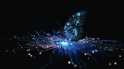 Digital Butterfly on Circuit Board with Glowing Blue and Orange Lights insect technology.