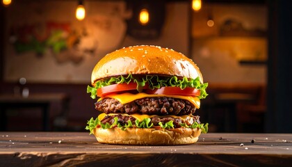 Double cheeseburger on wooden table