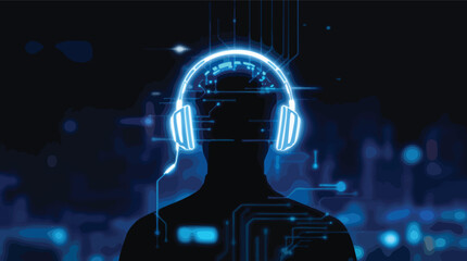 Silhouette of a Person Wearing Glowing Blue Headphones with Digital Circuitry and City Lights vector.