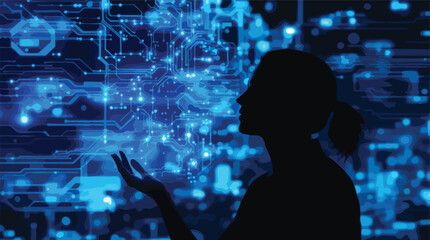 Obraz premium Silhouette of Woman Holding Hand Out to Glowing Blue Digital Circuitry reaching.