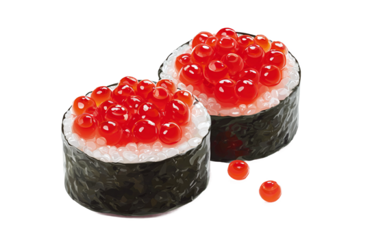 Two Sushi Gunkan Maki with Red Roe (Ikura) isolated on white transparent background