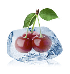 Fresh cherries in clear ice cube isolated on white