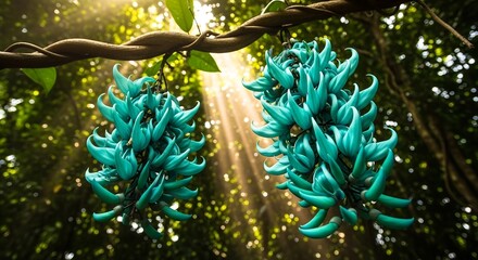 Rare jade vine flower cluster with cascading turquoise blossoms in rainforest canopy, ethereal upward photography for exotic floral visuals