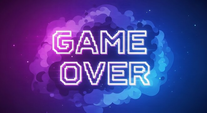 Retro Game Over Screen Neon Pixel Art.