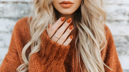 Close-up shot showcasing a woman's hand with a vibrant, matching manicure with her hair and sweater, emphasizing her beauty and style.