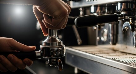 Professional barista tamping ground coffee into stainless steel portafilter, cinematic espresso workflow photography for modern coffee branding