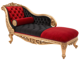 Luxury rococo chaise with black and red upholstery, cutout transparent background